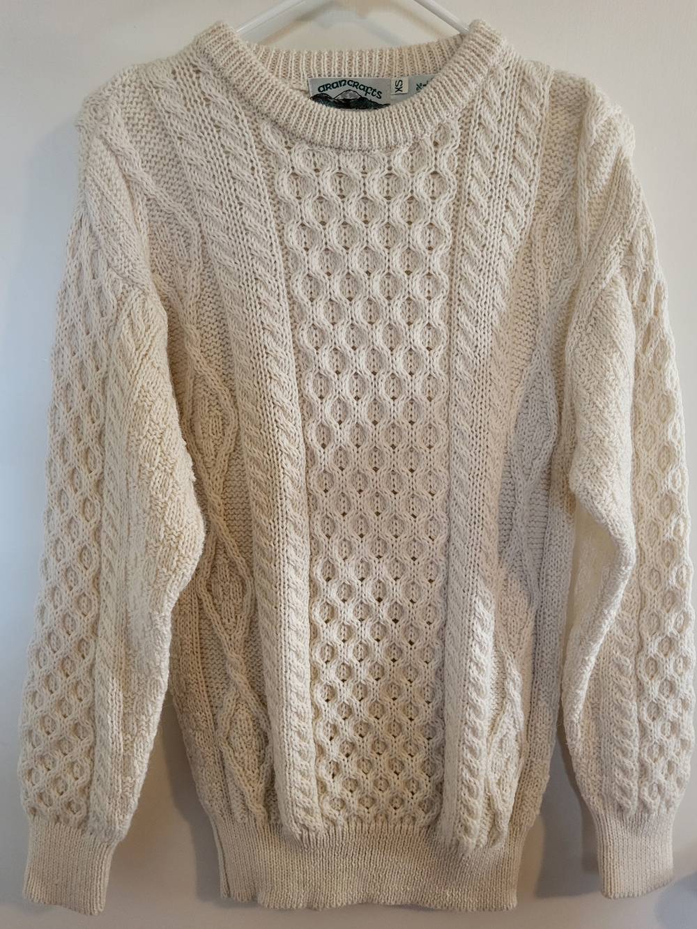 Aran Crafts 100% Wool Fisherman Chunky Cable Knit Crew Neck Sweater Cream Sz XS